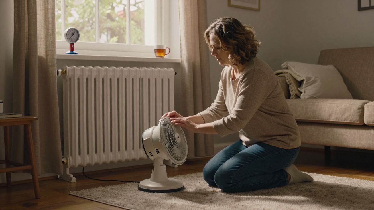 Mulher ajoelhada ajusta um ventilador pequeno num tapete numa sala com sofá e janela iluminada.