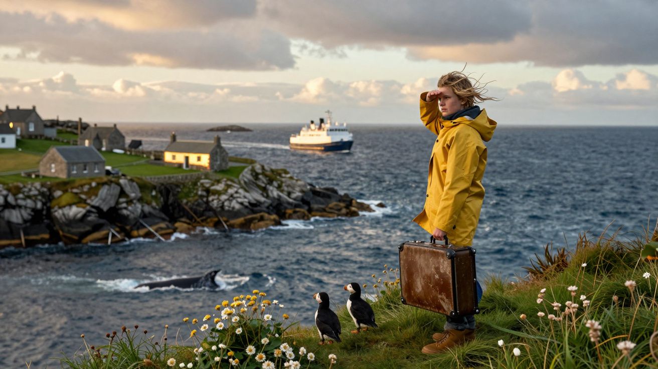 Mulher com casaco amarelo e mala observa o mar com papagaios-do-mar, casas e um ferry ao fundo numa costa rochosa.