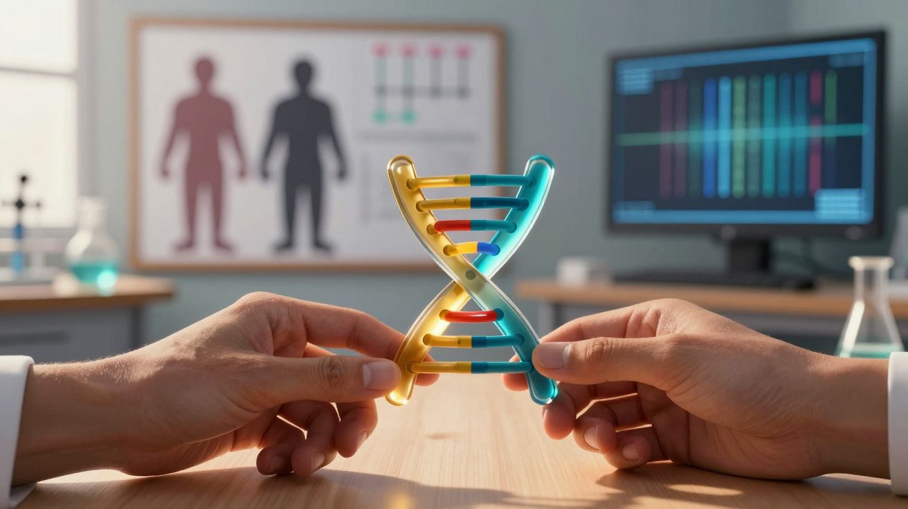 Duas mãos seguram modelo tridimensional colorido de dupla hélice de ADN em laboratório de genética.