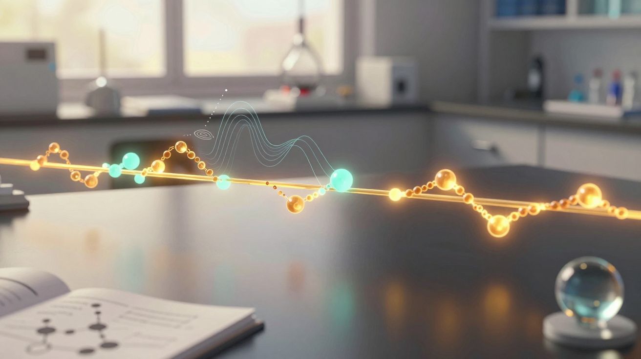 Linha luminosa com esferas coloridas sobre mesa numa sala moderna com livro aberto e esfera de vidro.