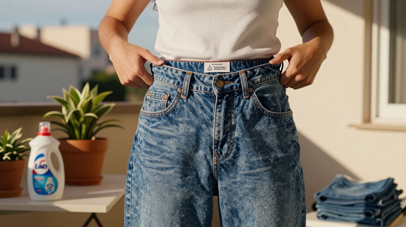 Pessoa a segurar os jeans largos pela cintura, com roupa dobrada e plantas ao fundo numa varanda iluminada.