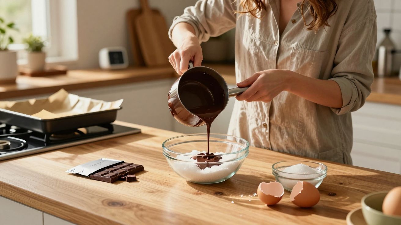 Pessoa a verter chocolate derretido numa taça com açúcar numa cozinha iluminada.