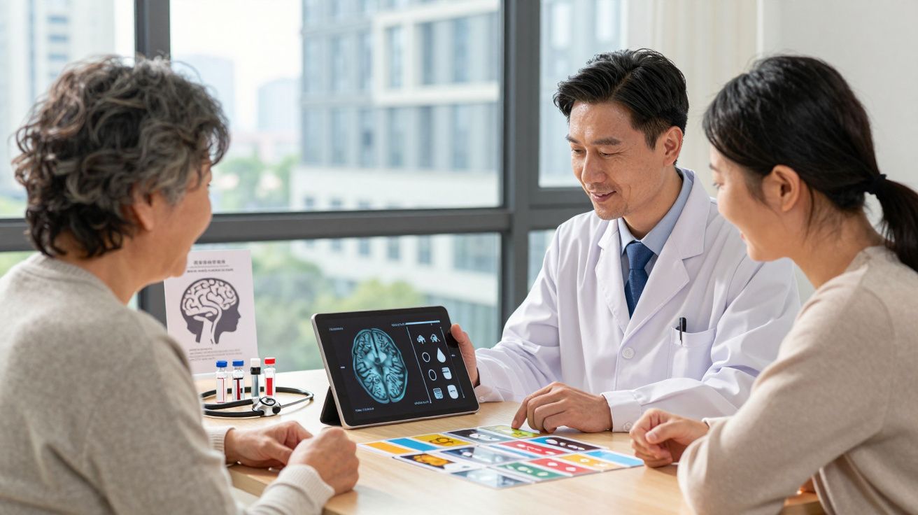 Médico mostra exame de cérebro em tablet a duas mulheres durante consulta numa sala iluminada.