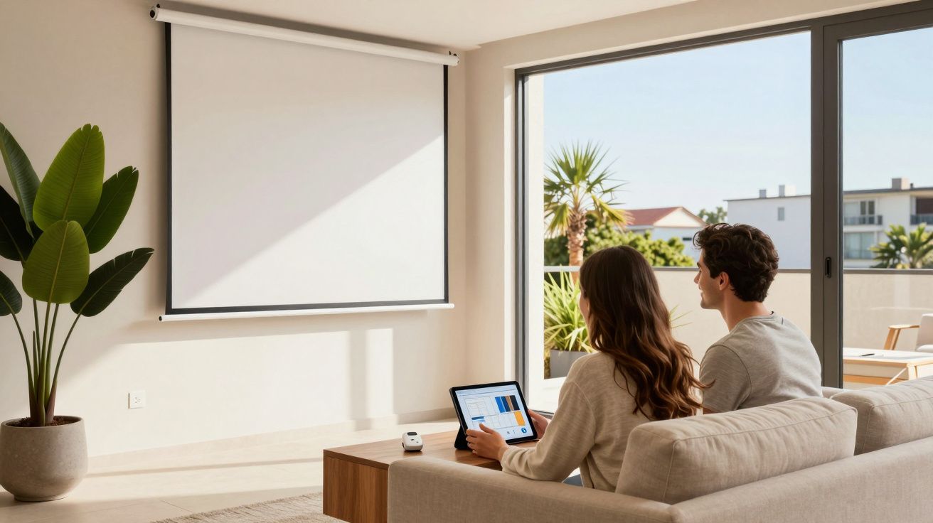 Casal sentado no sofá a olhar para um ecrã de projeção vazio numa sala iluminada com janela ampla.