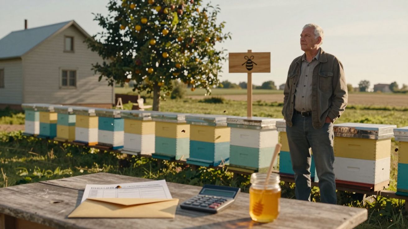 Apicultor idoso junto a caixas de abelhas coloridas num campo, com pote de mel e calculadora numa mesa de madeira.