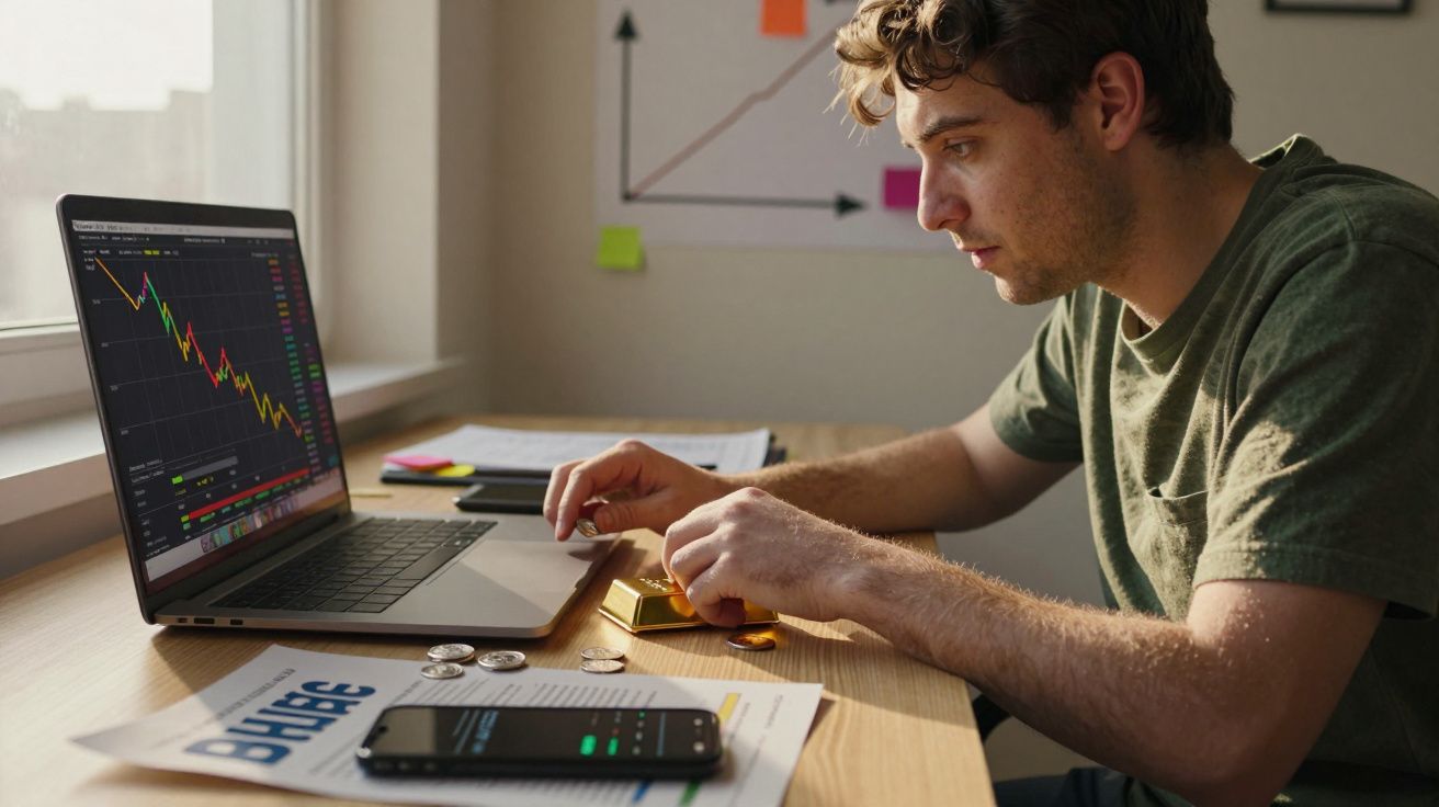 Homem analisa gráfico de bolsa em laptop e manuseia barras de ouro numa mesa com documentos e telemóvel.