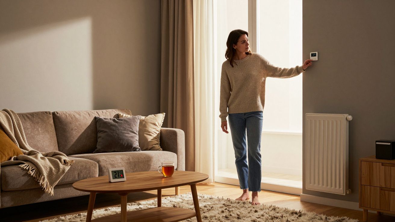 Mulher ajusta termostato de parede em sala de estar com sofá, mesa de centro e radiador.