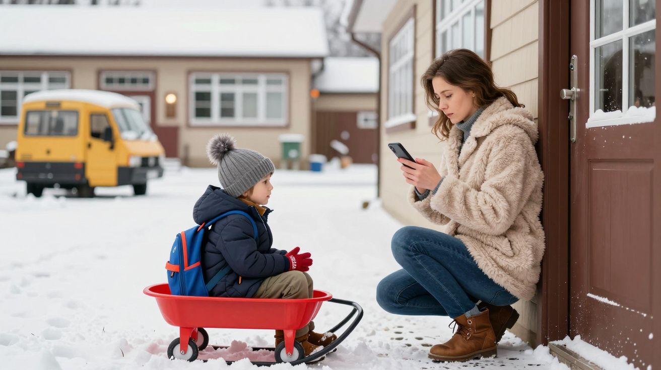 Criança sentada num trenó vermelho na neve com mochila, mulher agachada a usar telemóvel junto à porta.