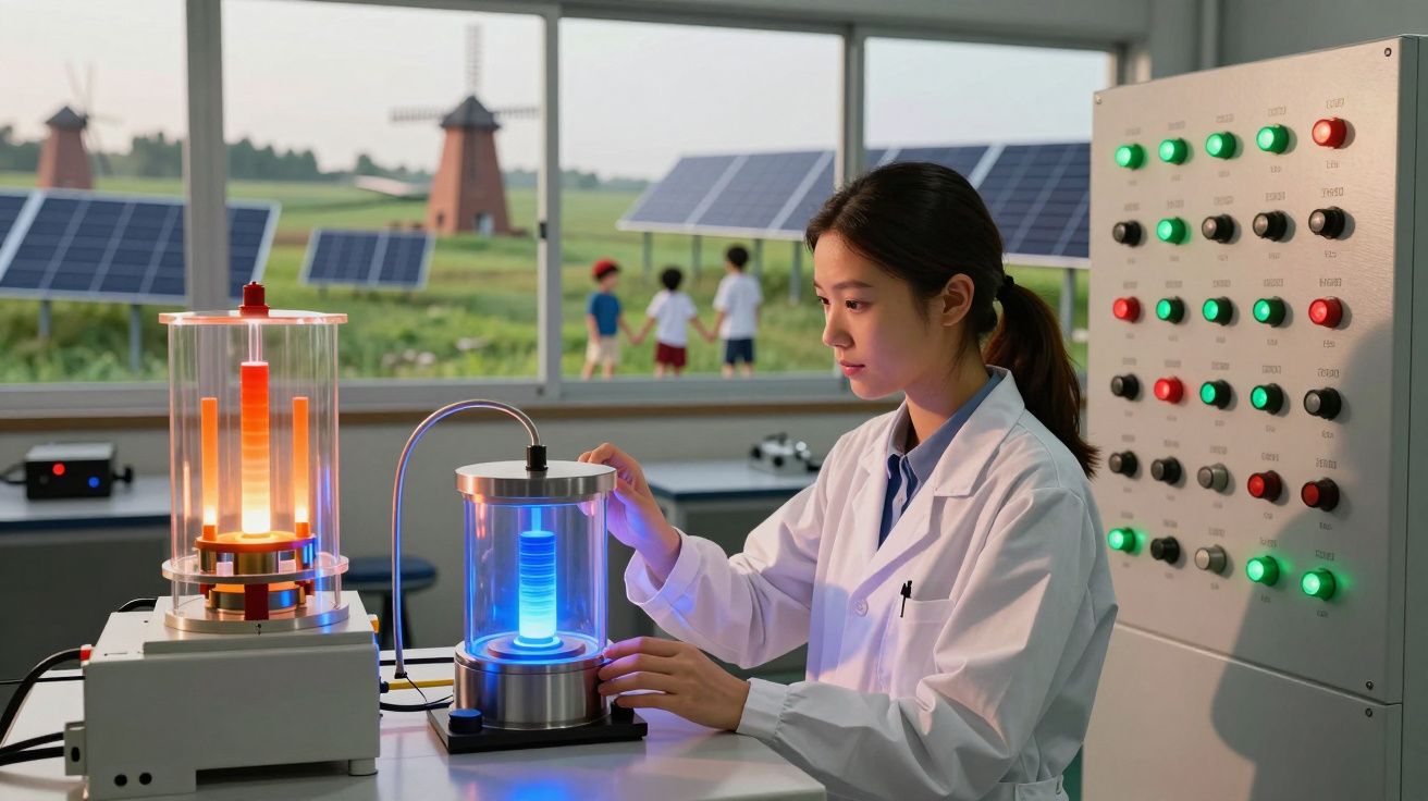 Mulher cientista em laboratório ajusta equipamento luminescente com painéis solares e moinho ao fundo.