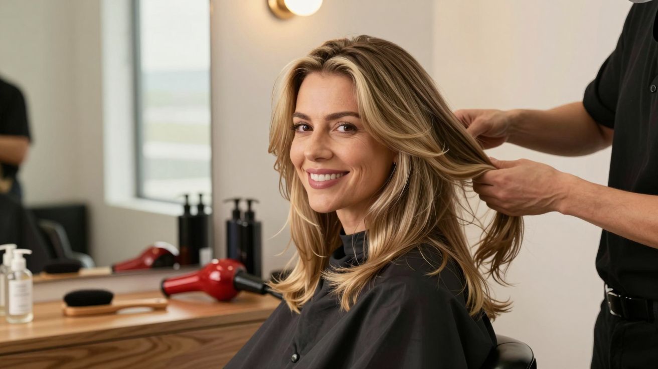 Mulher loira sorridente a receber tratamento capilar num cabeleireiro, sentada numa cadeira.