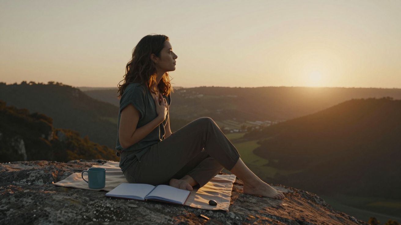 Mulher sentada numa toalha numa rocha, a apreciar o pôr do sol com um caderno e caneca ao lado.