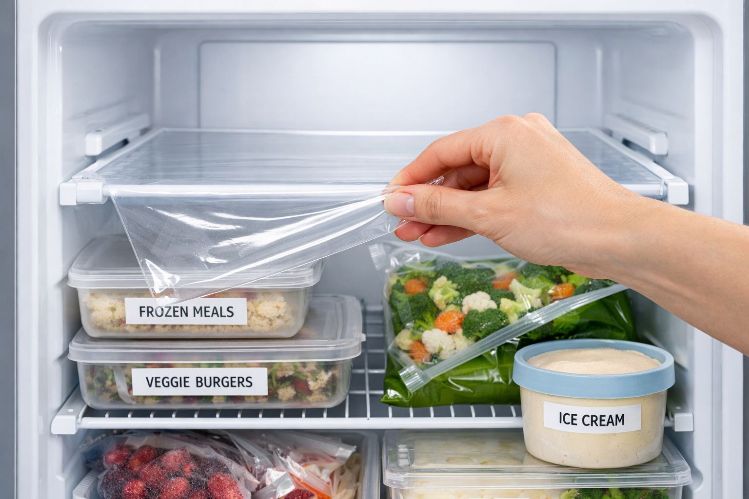 Mão a puxar película transparente num frigorífico com refeições congeladas, hambúrgueres vegetarianos, legumes e gelado.