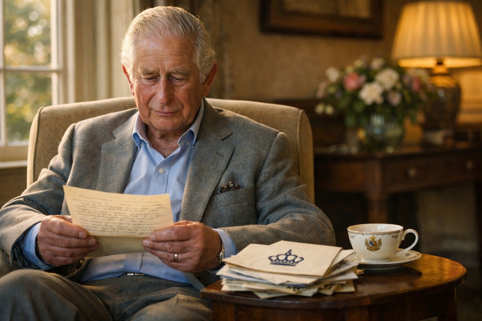 Homem idoso sentado numa poltrona a ler uma carta, com uma chávena e papéis numa mesa ao lado.