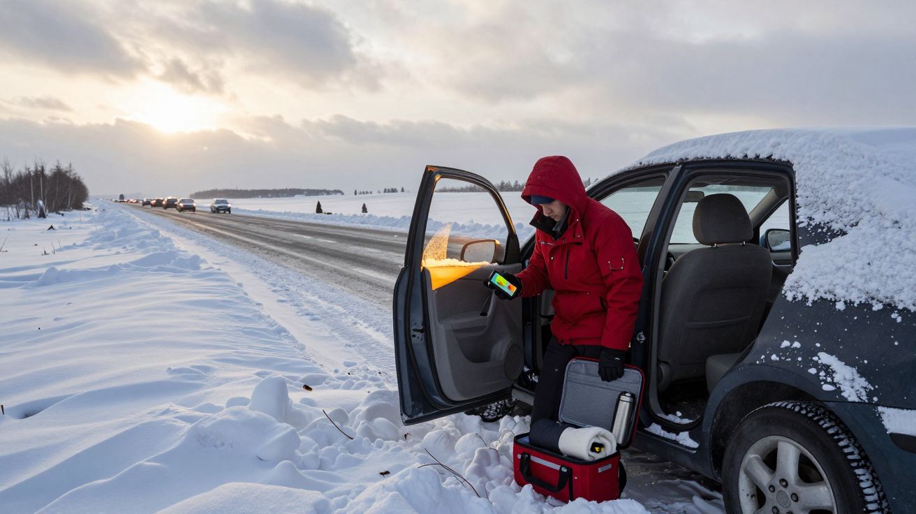 Pessoa com casaco vermelho usa telemóvel junto a carro parado na berma da estrada coberta de neve.