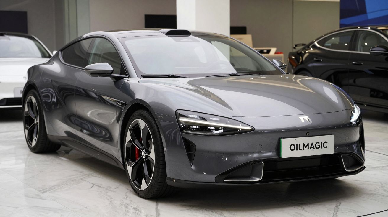 Carro elétrico cinza escuro com design moderno exposto num salão automóvel com chão de mármore.