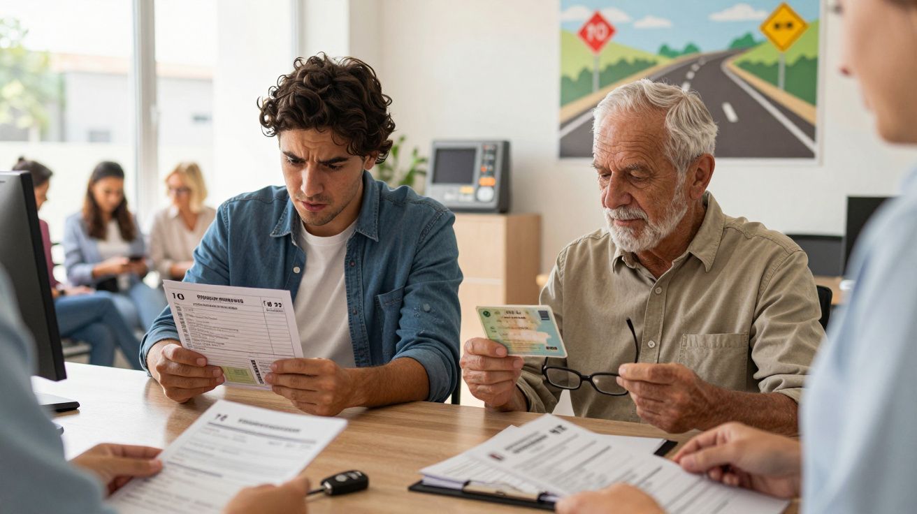 Homem jovem e idoso em repartição pública, consultam documentos para processo administrativo.
