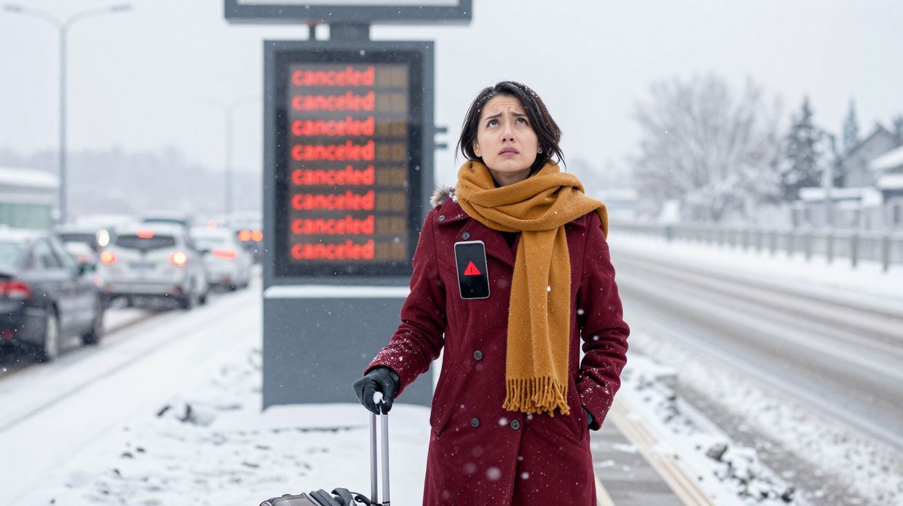Mulher com mala espera no ponto de autocarro coberto de neve com sinal de cancelamento nos ecrãs atrás.