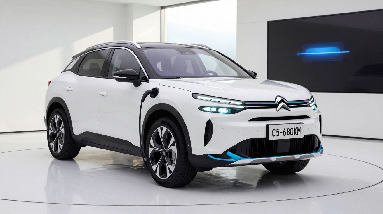 Carro elétrico Citroën branco a carregar numa sala moderna e minimalista, visto de frente e lado esquerdo.