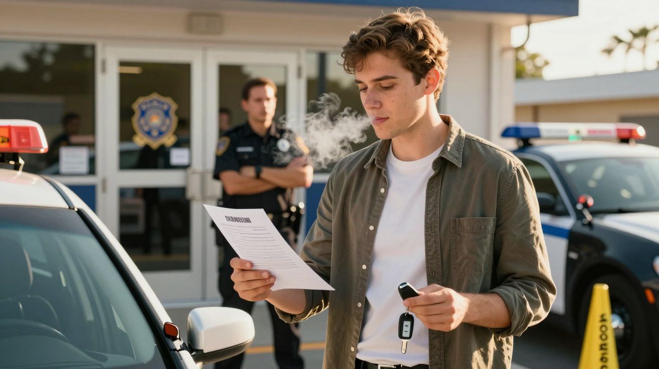 Jovem olha para documento segurando chave de carro, com uma viatura policial e agentes ao fundo.