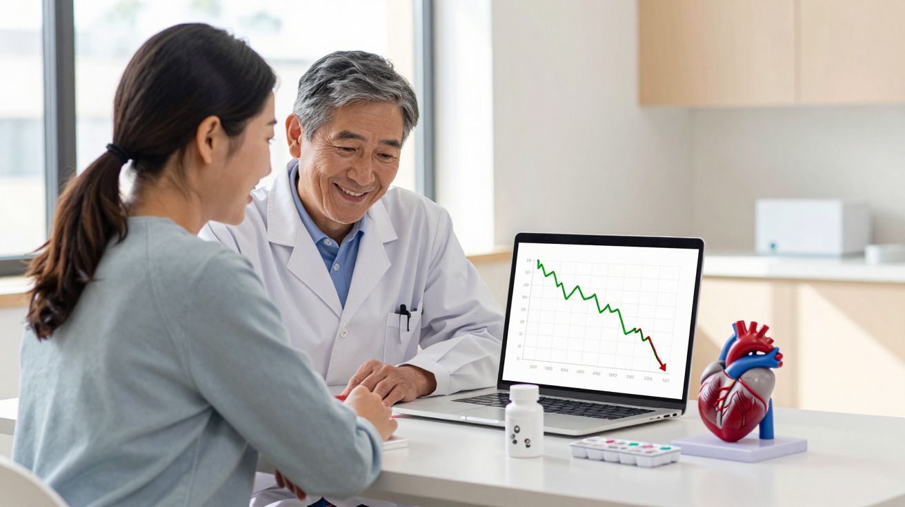 Médico e paciente a analisar gráfico decrescente num portátil, com modelo de coração, comprimidos e frasco na mesa.