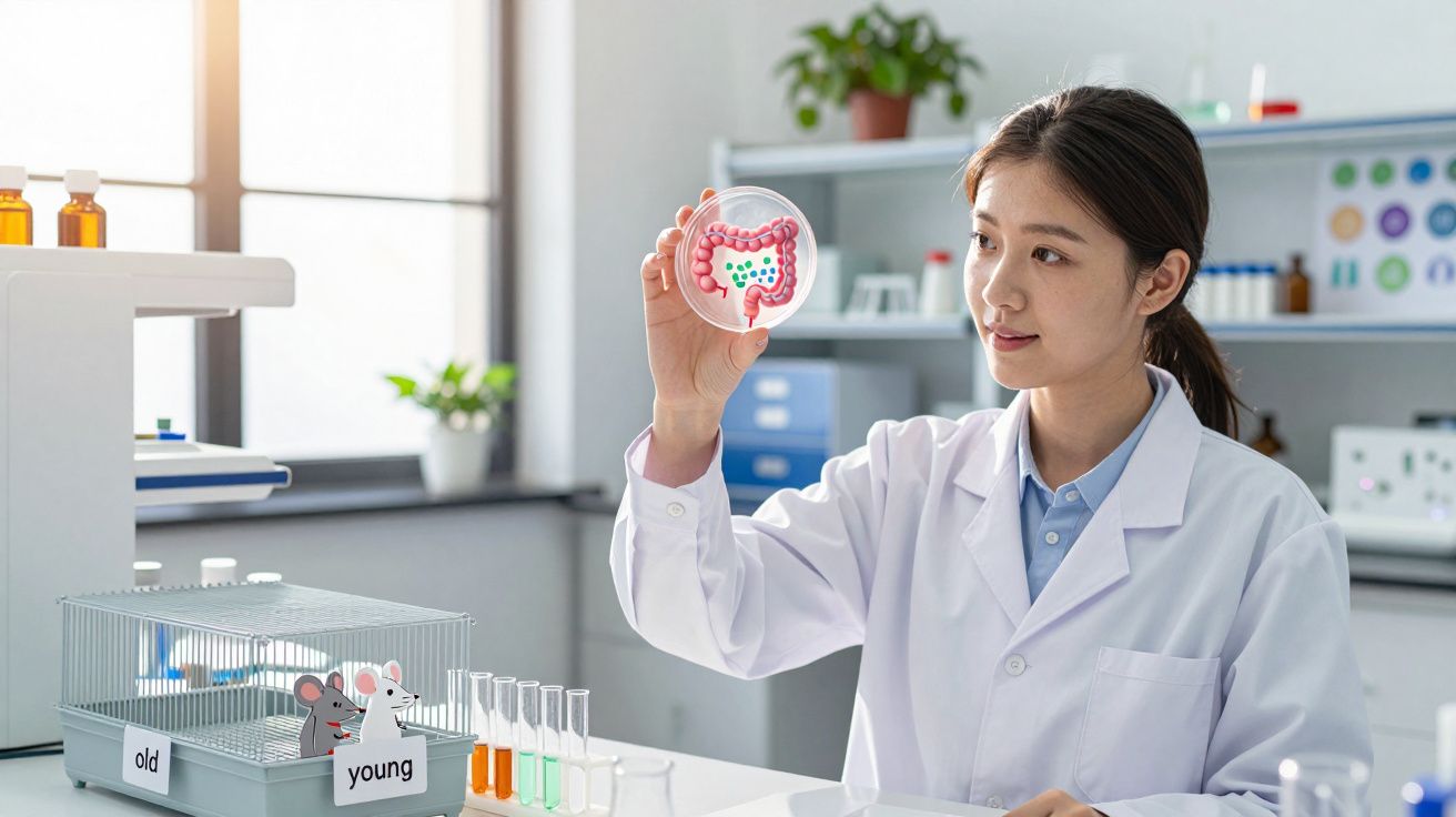 Cientista feminina a estudar crescimento bacteriano no intestino em laboratório moderno com ratos jovens e velhos.