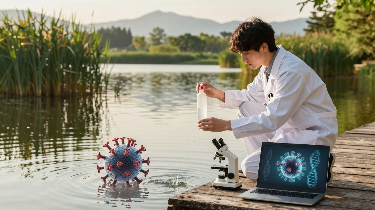 Cientista em bata branca faz testes de água no lago com microscópio e laptop mostrando vírus.