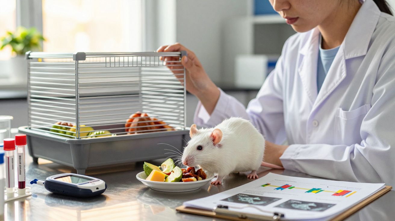 Investigadora em laboratório com rato branco a comer fruta, ao lado de jaula e materiais de pesquisa.