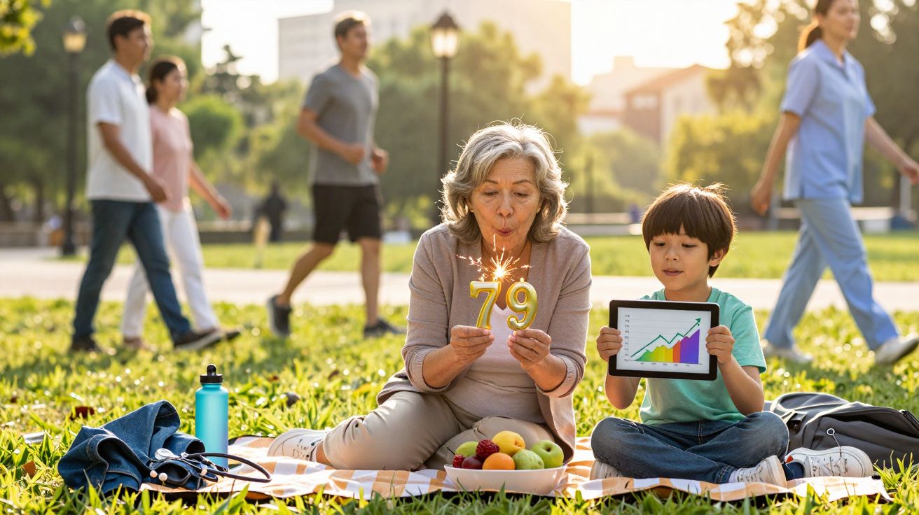 Mulher idosa celebra 79 anos ao ar livre com criança que segura gráfico de crescimento num tablet.