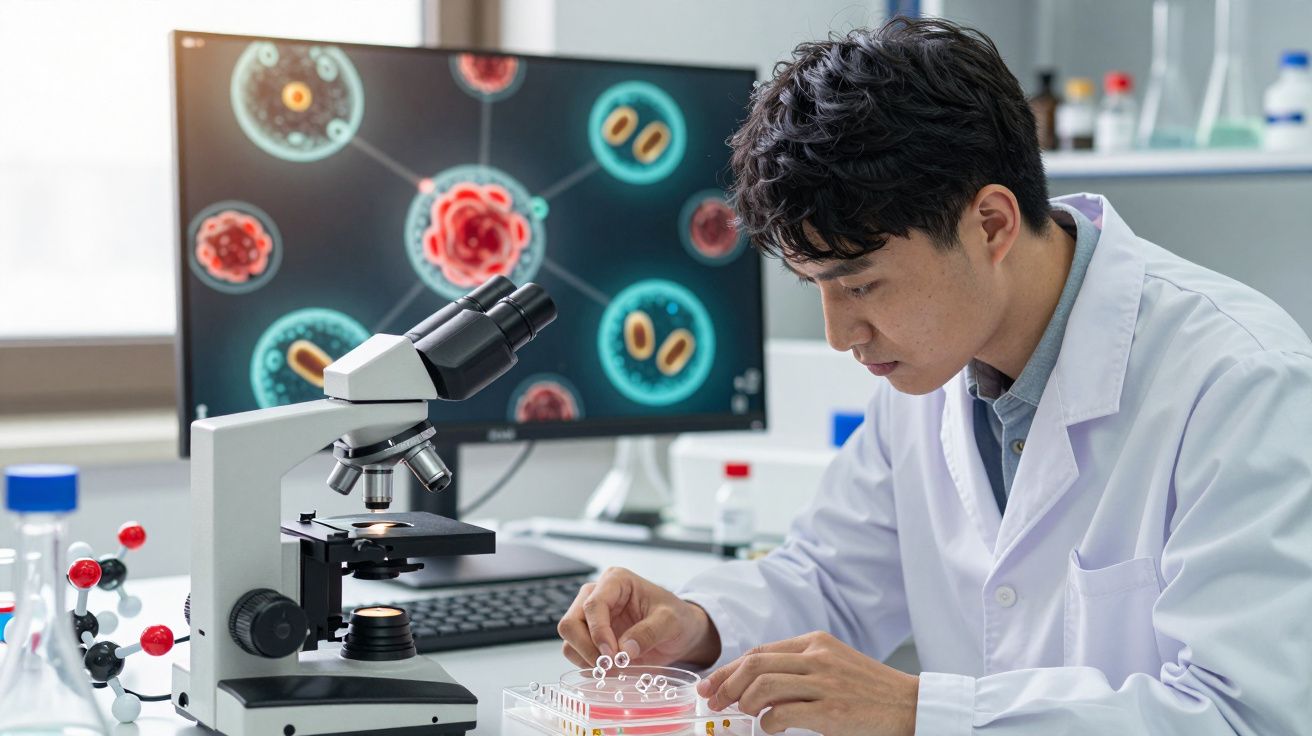 Cientista em bata branca a trabalhar com placas de Petri e microrganismos num laboratório moderno.