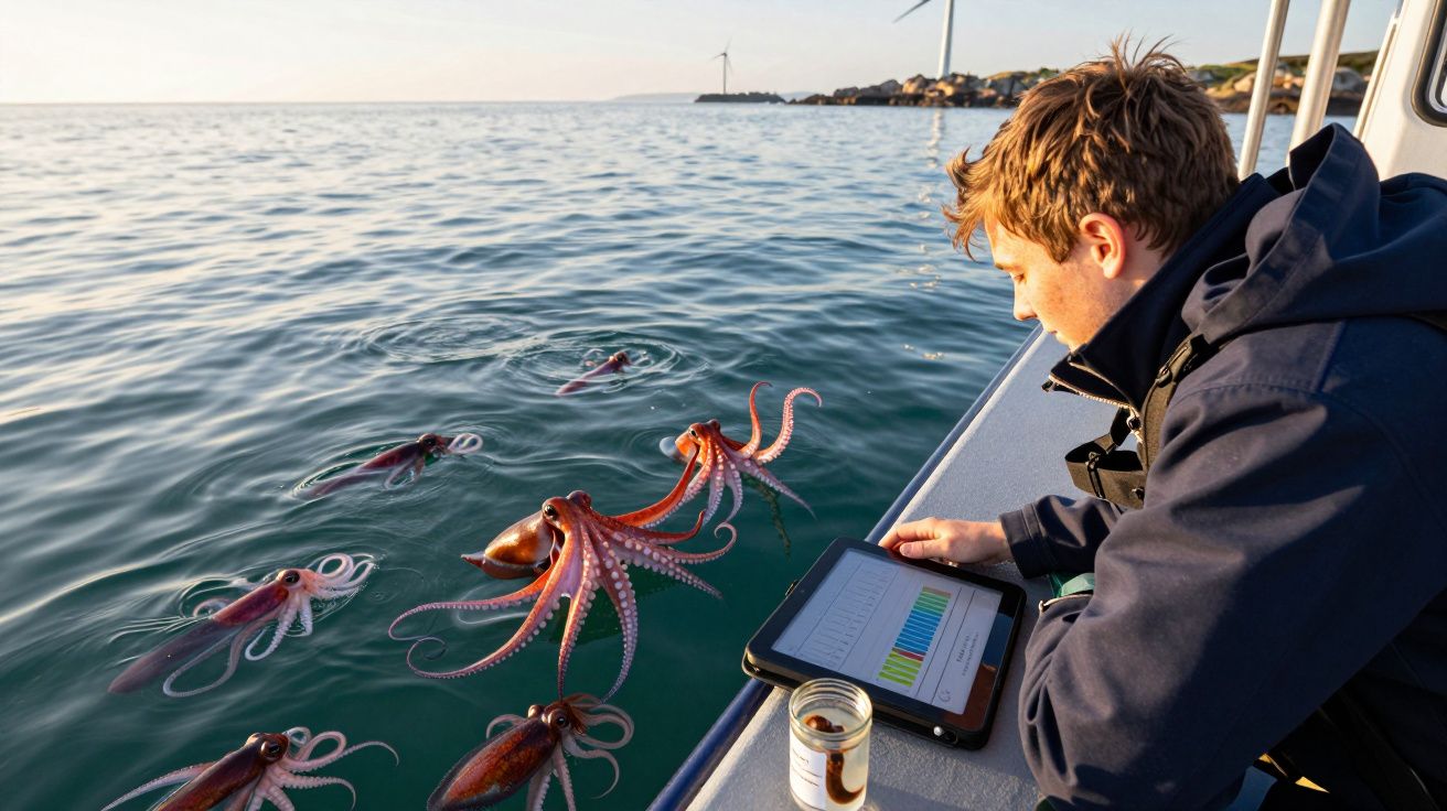 Homem numa embarcação a observar polvos no mar com tablet na mão ao pôr do sol.