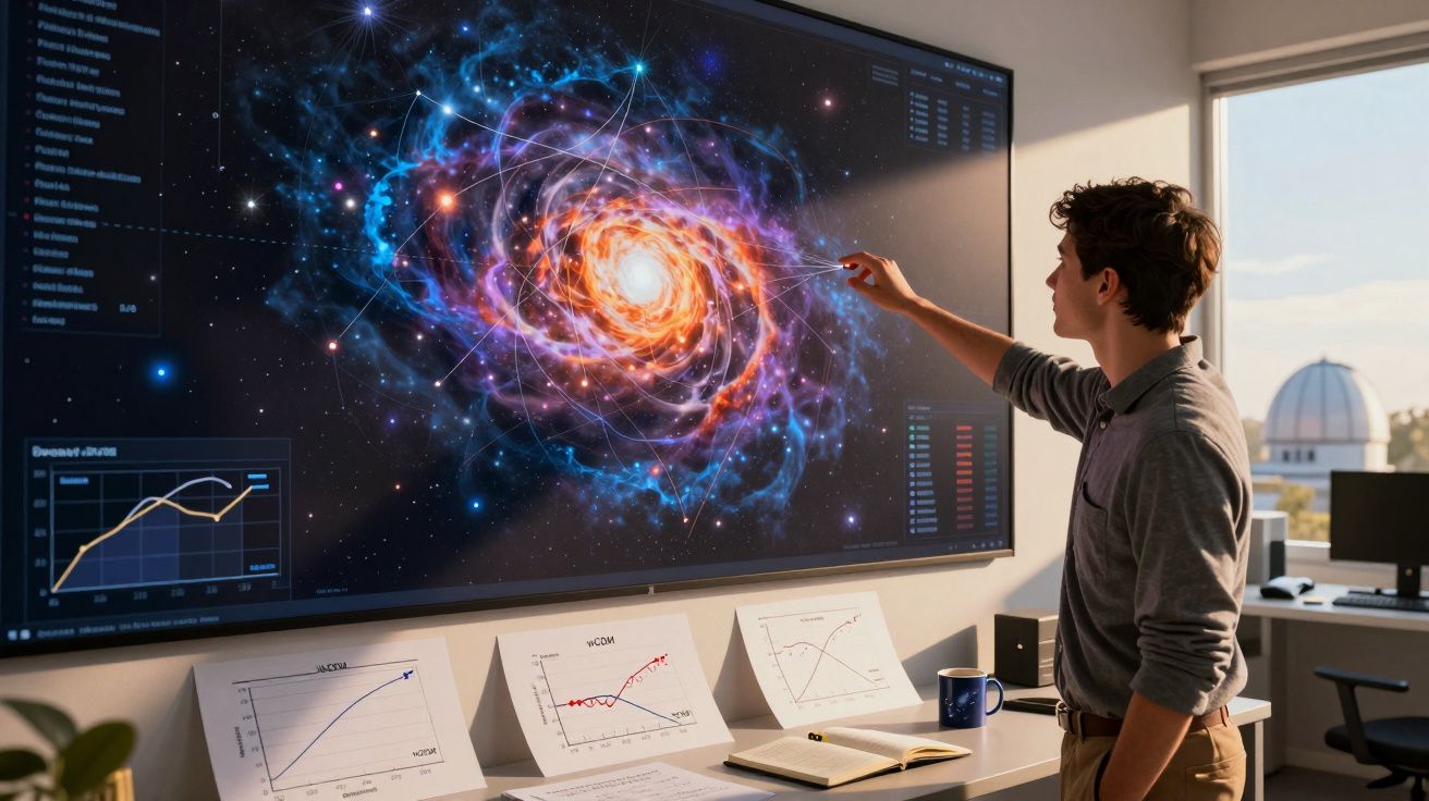 Jovem interage com ecrã digital mostrando galáxia e gráficos numa sala de estudo iluminada pela luz do dia.
