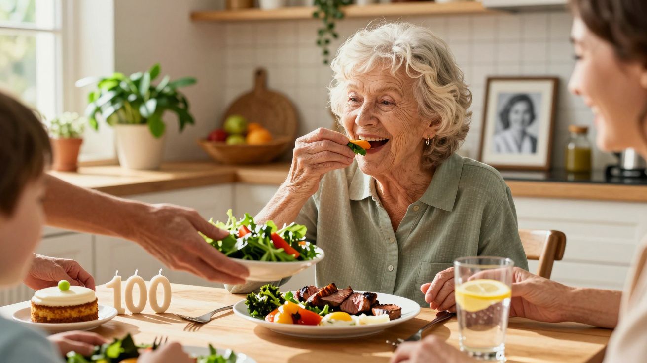 Idosa sorridente a comemorar o centésimo aniversário com família, a comer salada saudável à mesa.