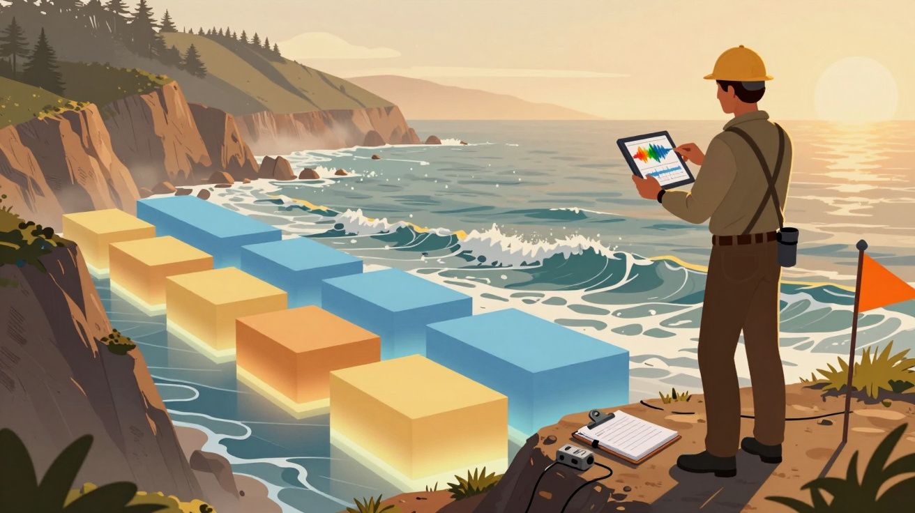 Engenheiro de proteção costeira com tablet a analisar dados perto do mar ao pôr do sol.