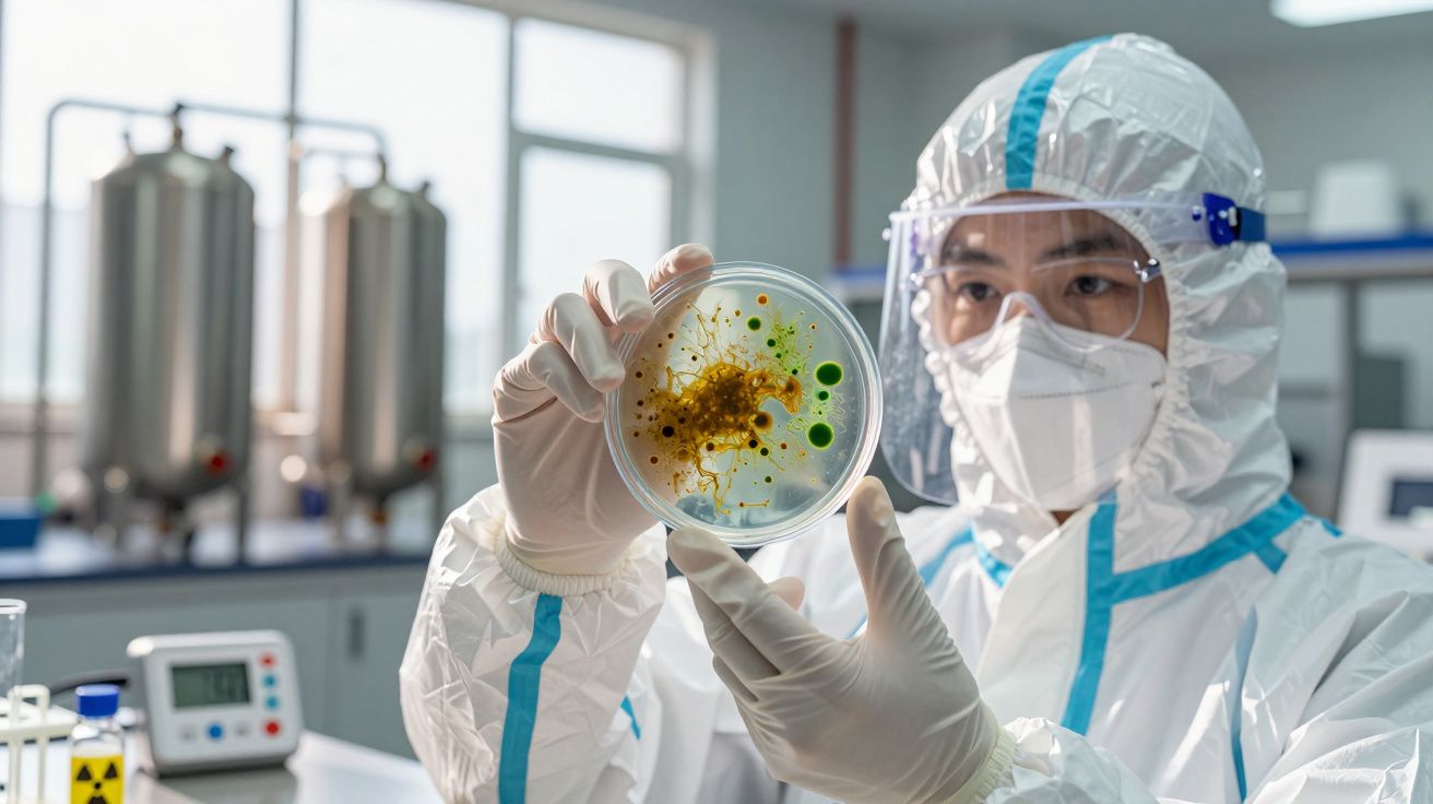 Cientista em proteção completa a analisar cultura bacteriana num laboratório moderno.