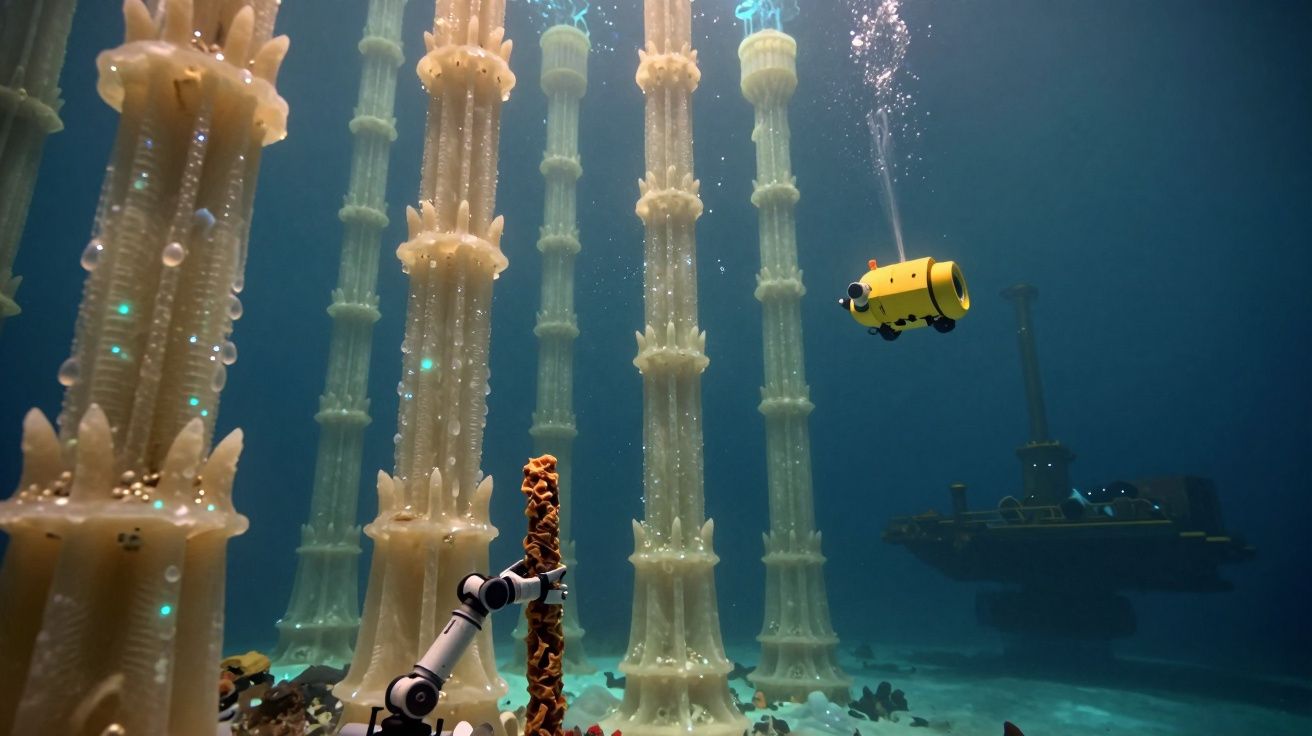 Robô subaquático e drone amarelo exploram colunas translúcidas no fundo do mar.