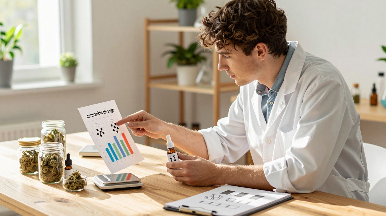 Homem de bata branca analisa gráfico de dosagem de cannabis num laboratório com frascos e equipamento.