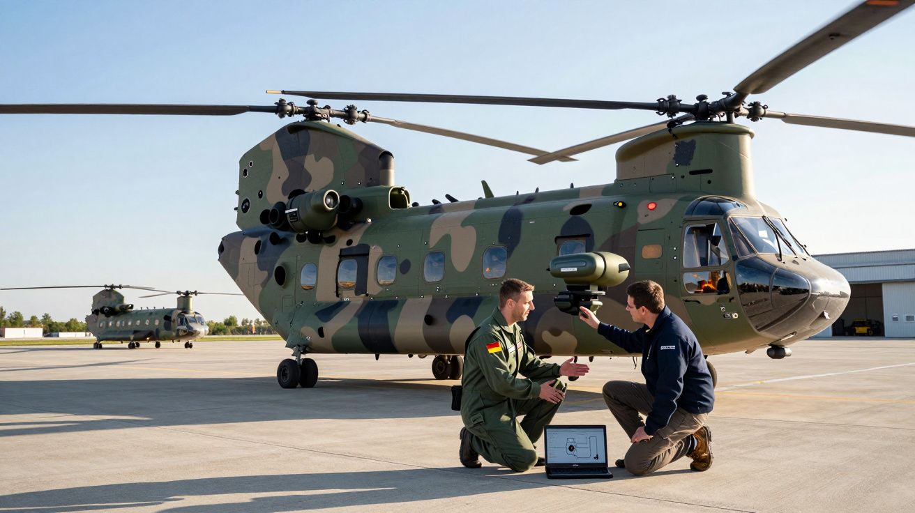 Dois técnicos junto a helicóptero militar camuflado na pista de um aeroporto durante inspeção.