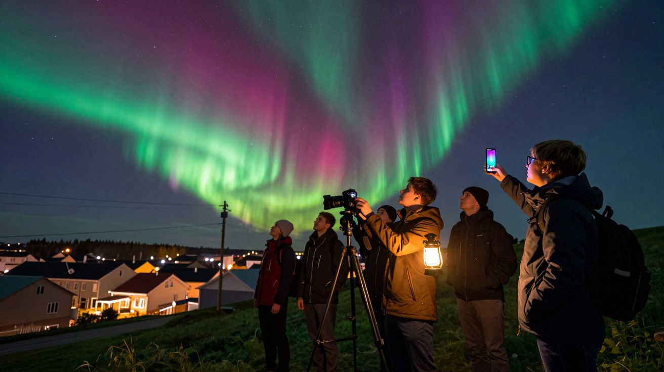Grupo de pessoas a observar e fotografar aurora boreal colorida em noite clara perto de casas.