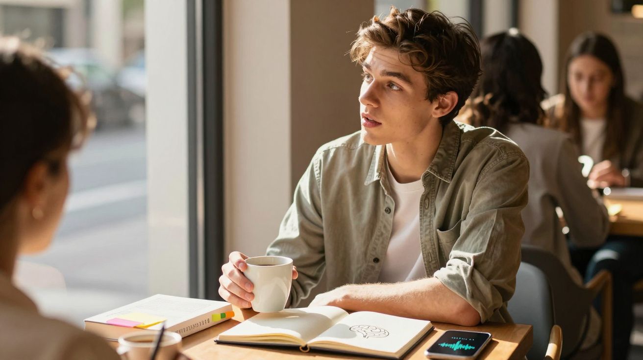 Jovem sentado numa mesa de café, segurando uma caneca e olhando para alguém enquanto estudam.