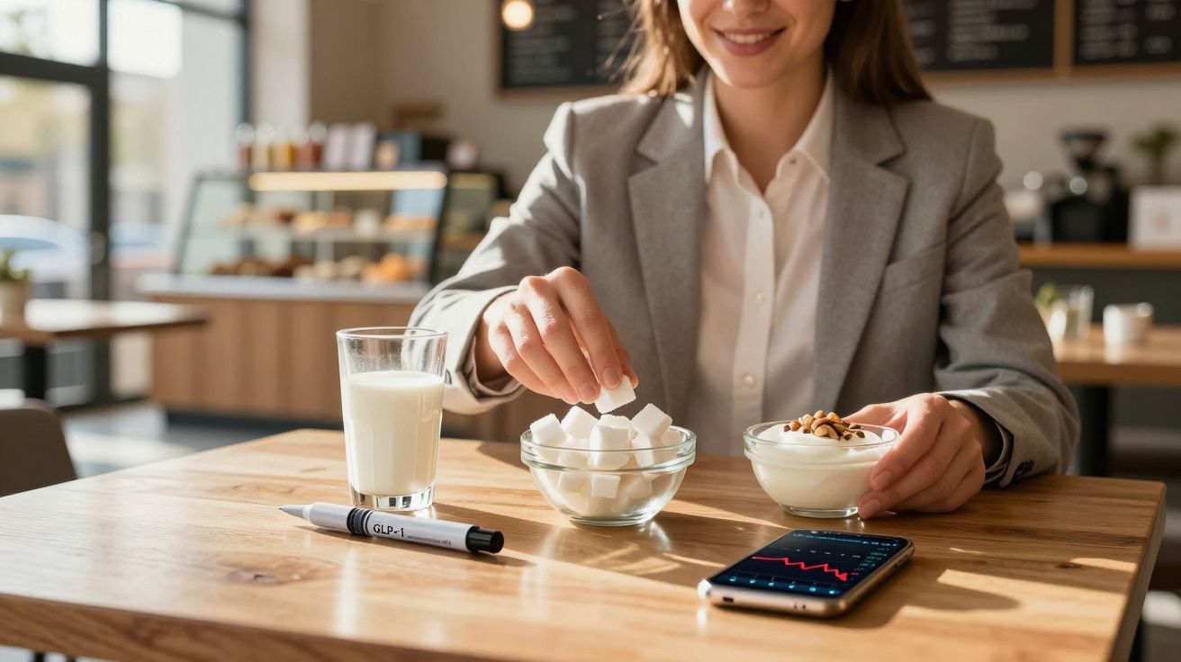 Pessoa sentada numa mesa com taça de iogurte, cubos de açúcar, copo de leite e telemóvel com gráfico.