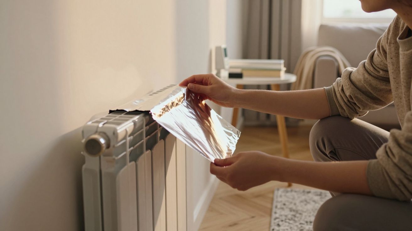 Pessoa a colocar folha de alumínio numa coluna de aquecimento num ambiente doméstico.