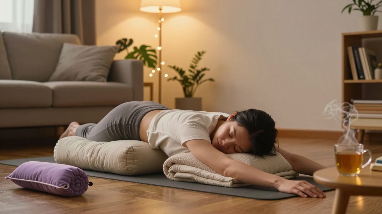 Mulher relaxa em posição de yoga com almofadas, chá quente e ambiente acolhedor em sala de estar.