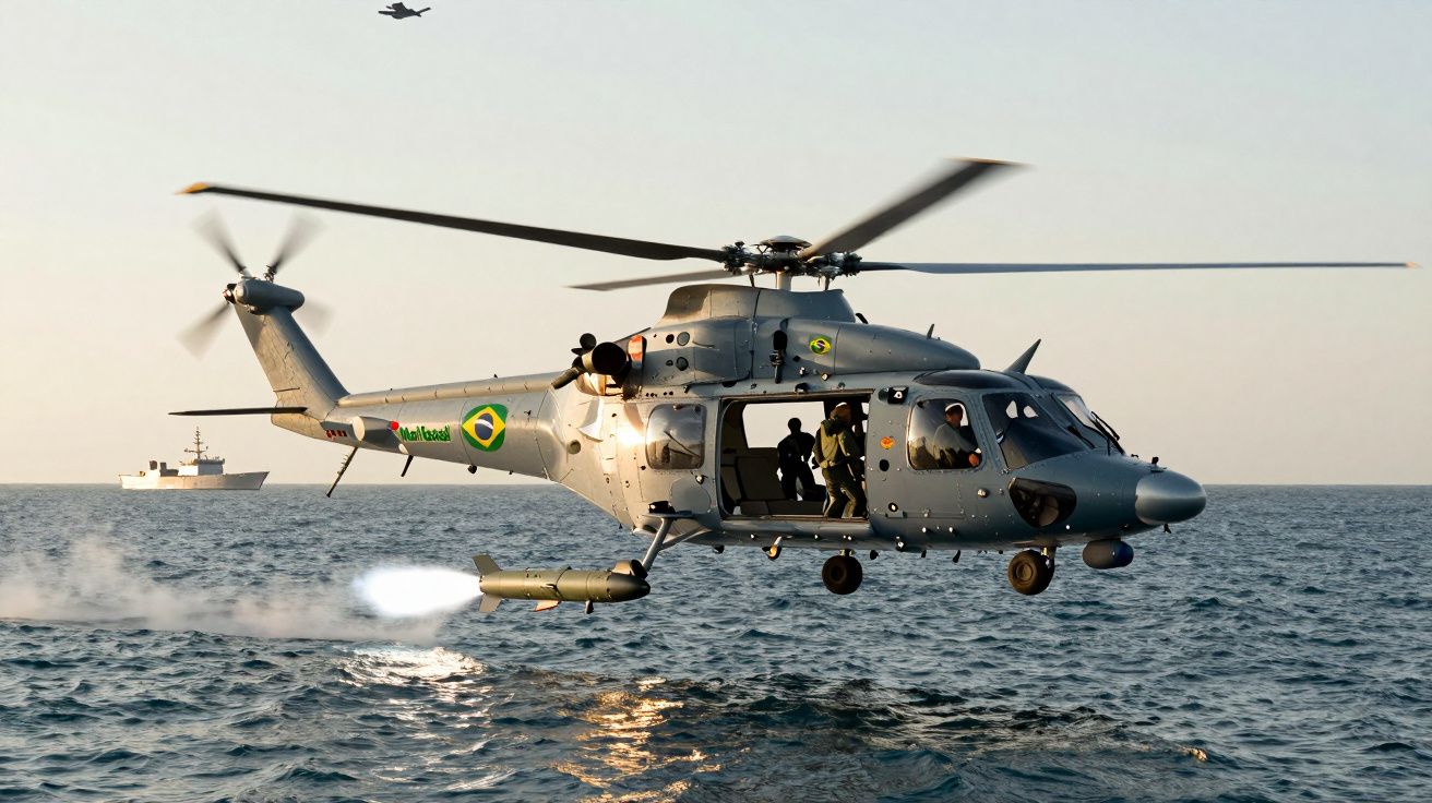 Helicóptero militar brasileiro em voo baixo sobre o mar, lançando míssil, com navio ao fundo.