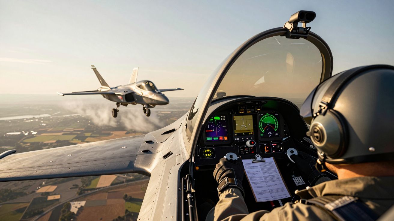 Piloto num caça a voar em formação sobre paisagem rural, com painel de controlo visível no cockpit.
