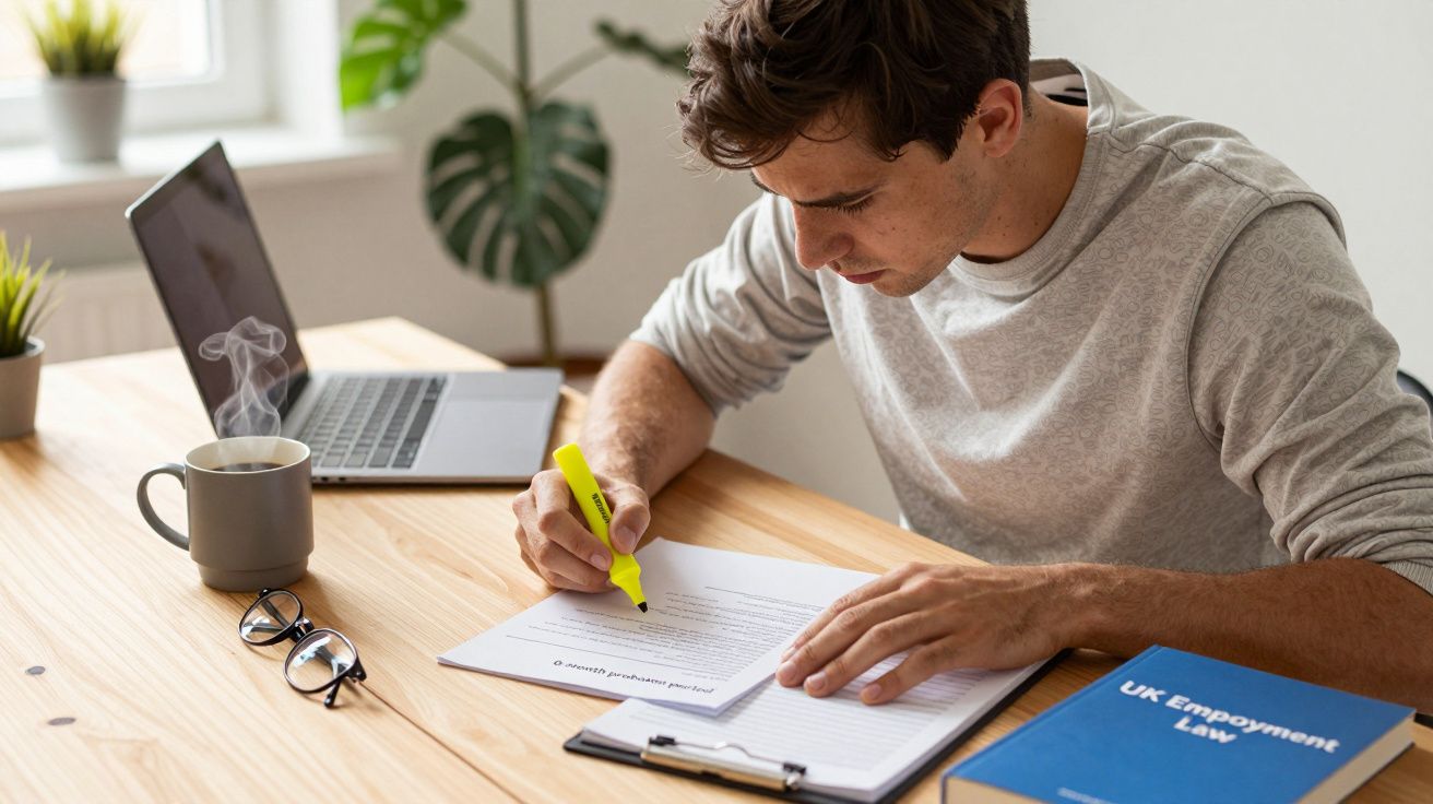 Homem a realçar texto em documento enquanto estuda numa mesa com computador e livro de direito do trabalho.