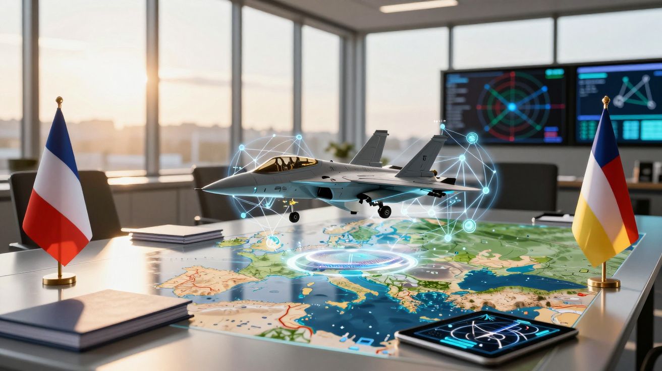 Avião de combate virtual sobre mapa estratégico numa sala de comando, com bandeiras e ecrãs digitais.