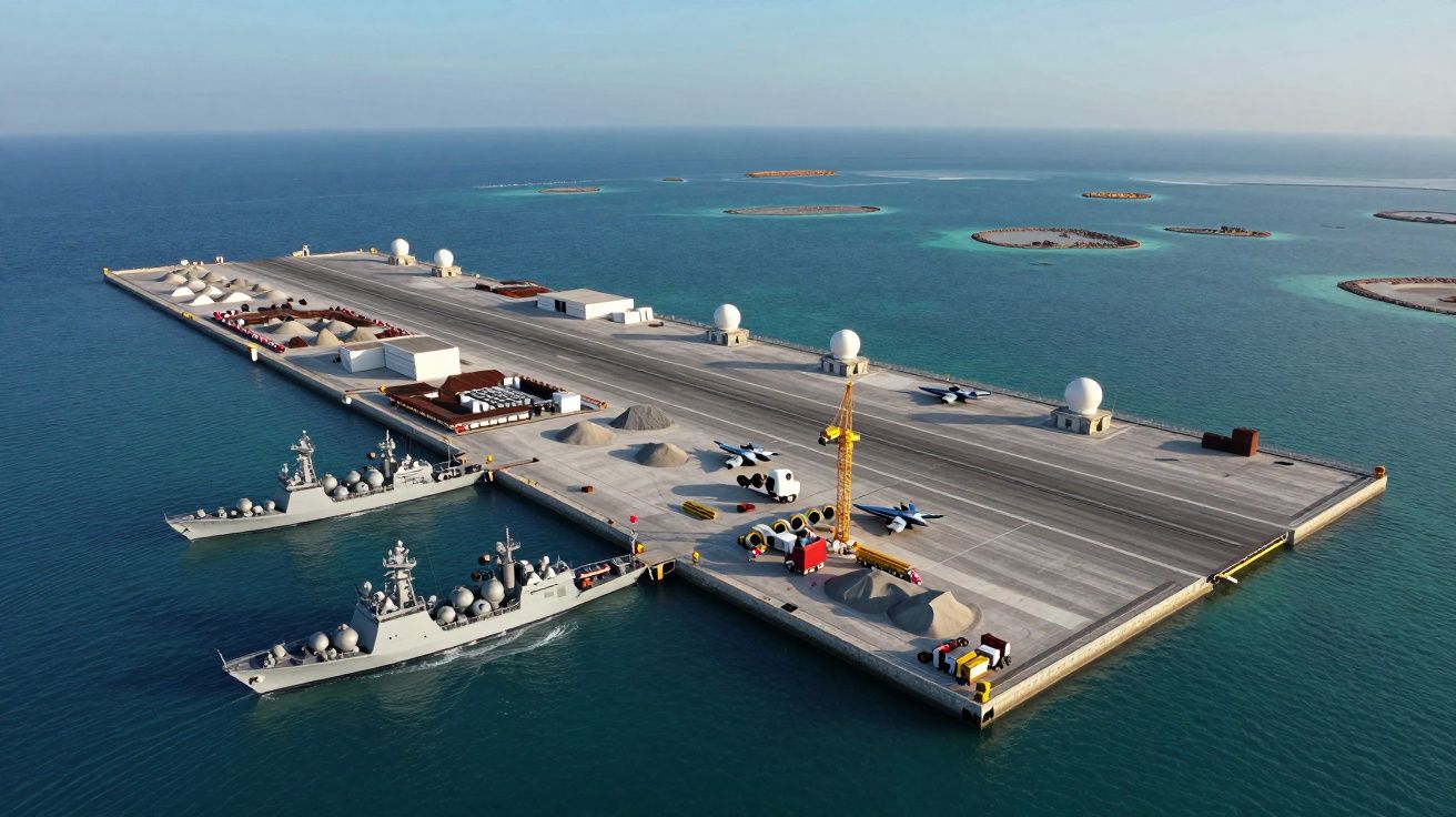 Base militar naval com porta-aviões, jatos estacionados e dois navios de guerra atracados no mar.