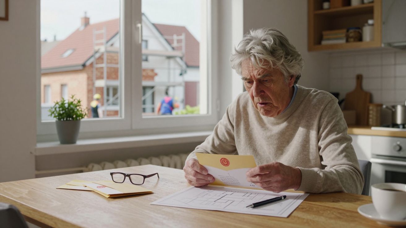 Idoso preocupado a ler uma carta numa cozinha luminosa, com plantas e vista para construção de casa.