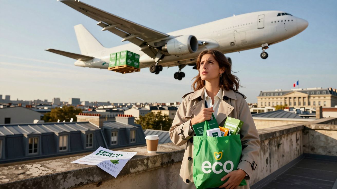 Mulher com saco eco cheio de produtos, em terraço urbano, observa avião a transportar caixas verdes pela cidade.