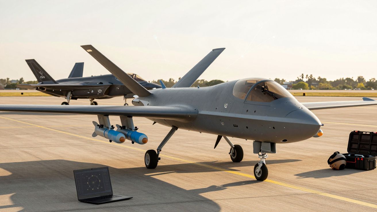 Drone militar armado estacionado em pista com laptop e capacete ao lado, e jato ao fundo.
